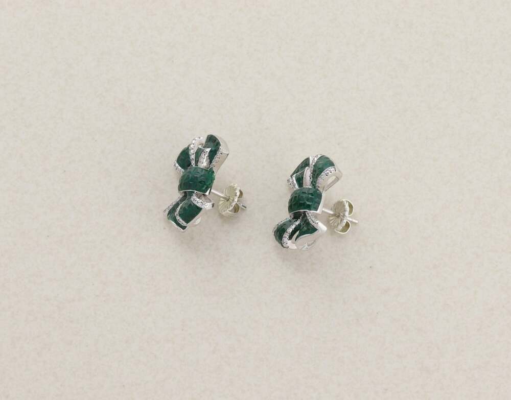 Sterling Silver Green & White Cubic Zirconia Bow Earrings 5/8" x 7/8" inch - Picture 7 of 8